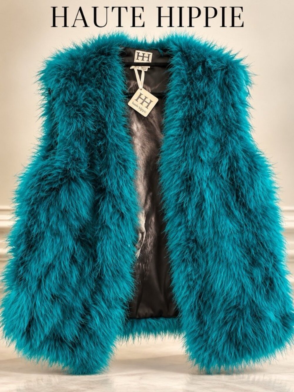 Haute Hippie NWT Turquoise Teal Shaggy Turkey Faux Fur Jacket Coat Boho Glam
